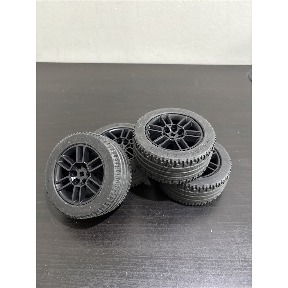 LEGO Technic 6 Pinhole Black Wheels, 81.6 x 36 R Tires, Lot of 4